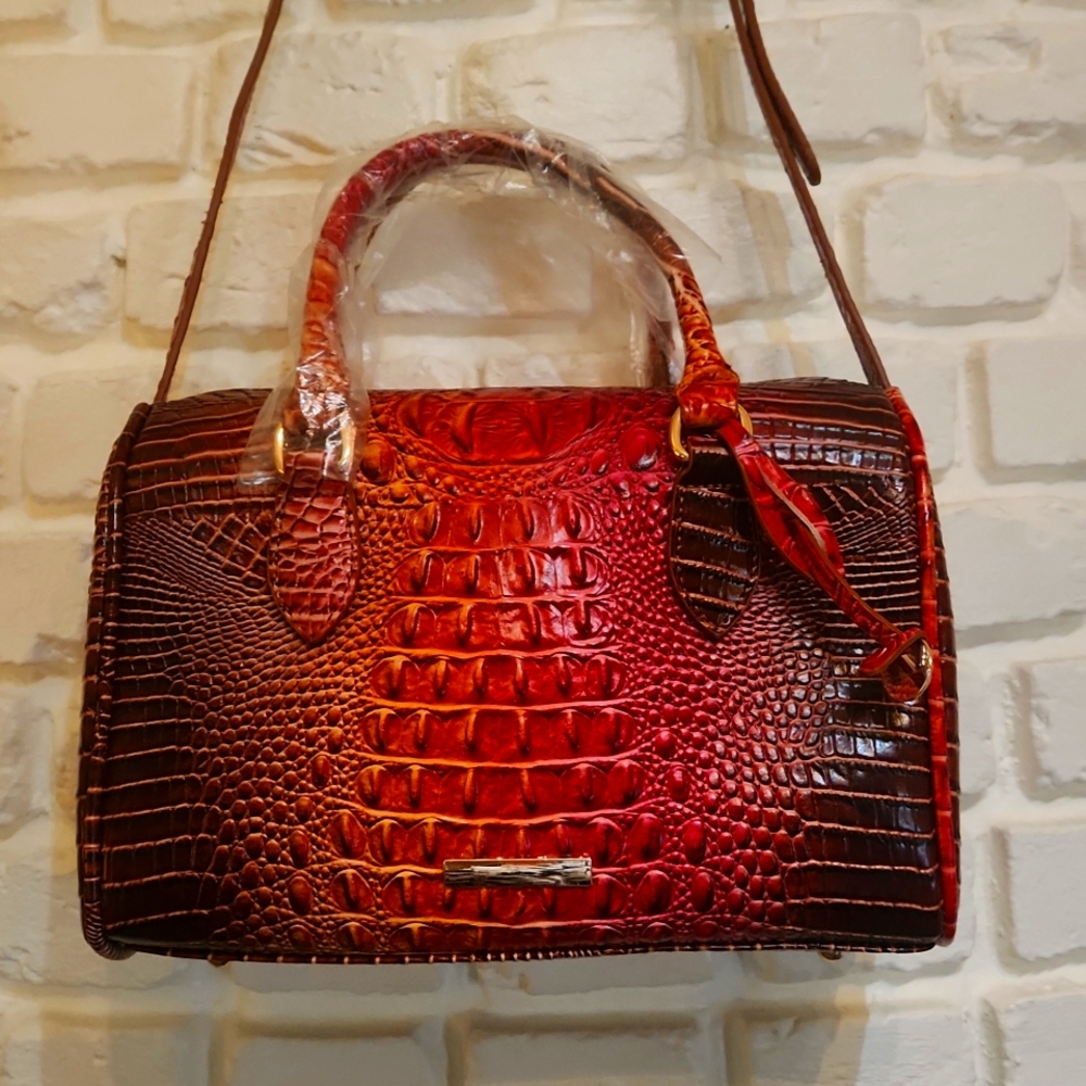 Croc "Dragon" Print Boston Bag Brown Red Sunset Vegan Leather Handbag Purse